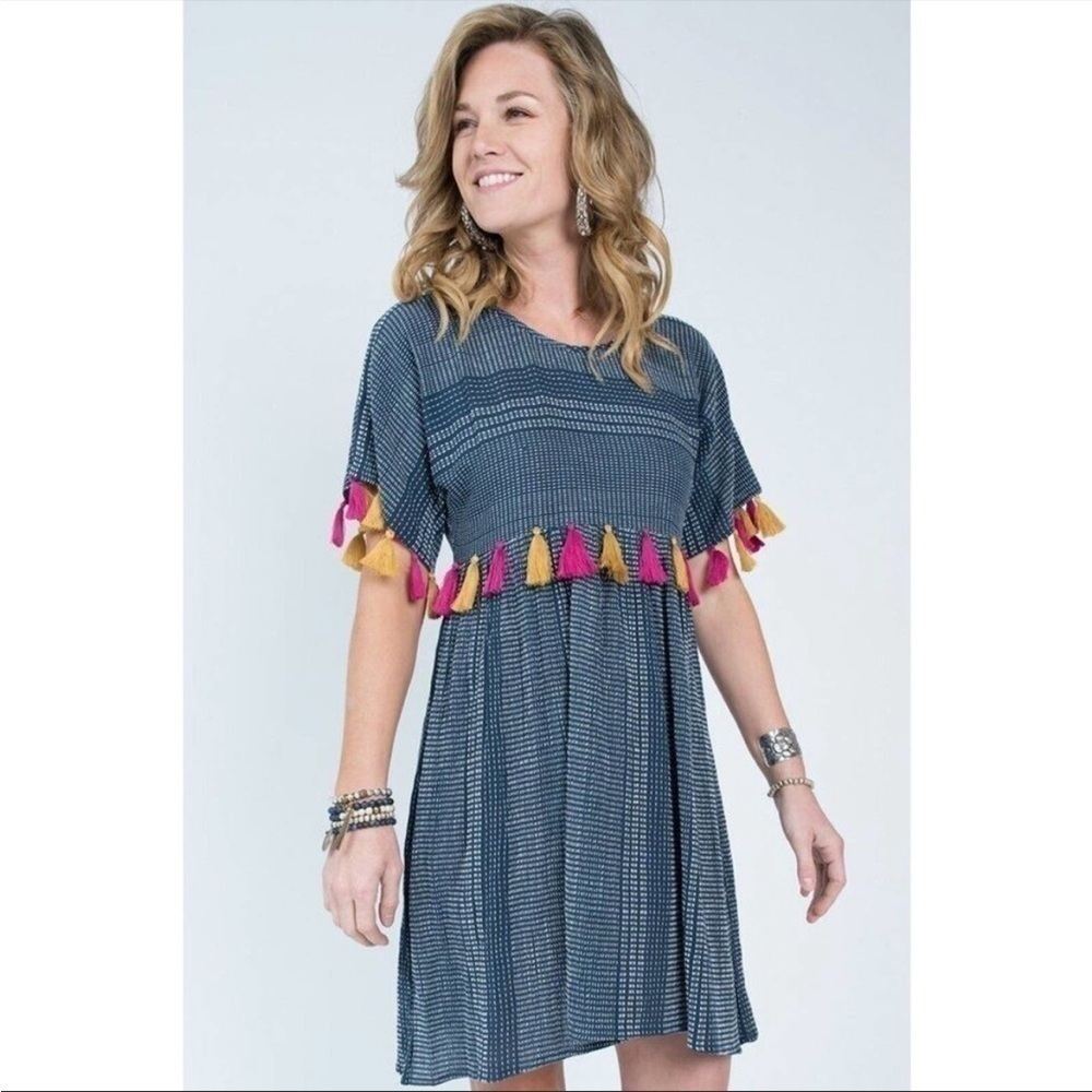 Ivy Jane Blue Tori Tassel Boho Mini Dress Size XS